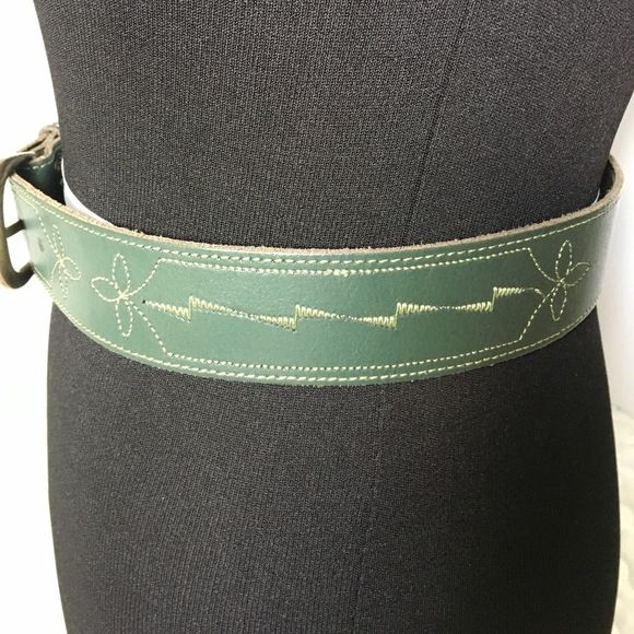 Embroidered Bridle Stitch Belt Green Brass - Picture 3 of 9